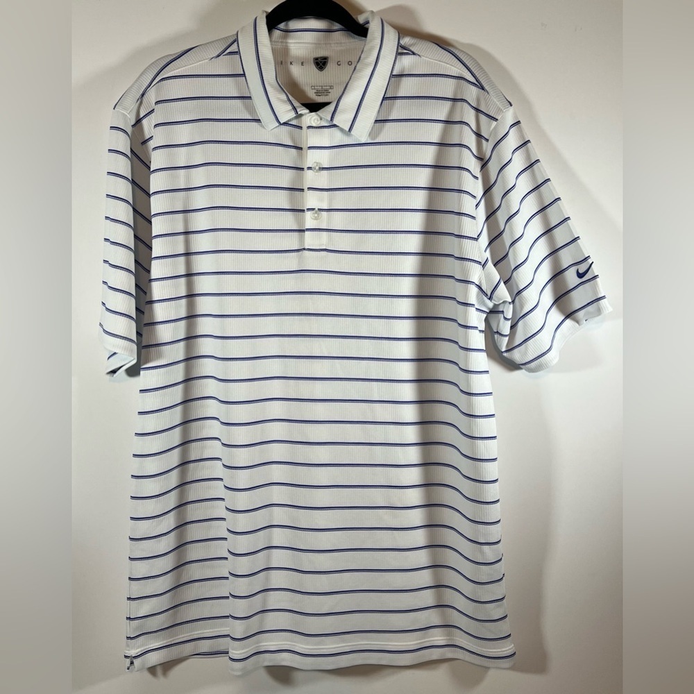 Nike Dri-Fit Men’s L White/Blue Stripe Short Sleeve Golf Polo Sleeve Logo
